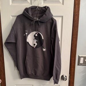 Port and Company Dark Gray Hoodie with Yin-Yang Cat Graphic